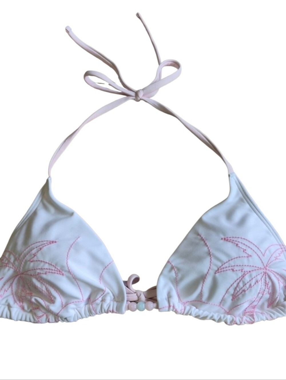 Hollister Bikini Top Womens Medium White Pink Palm Tree Halter Beaded NWT